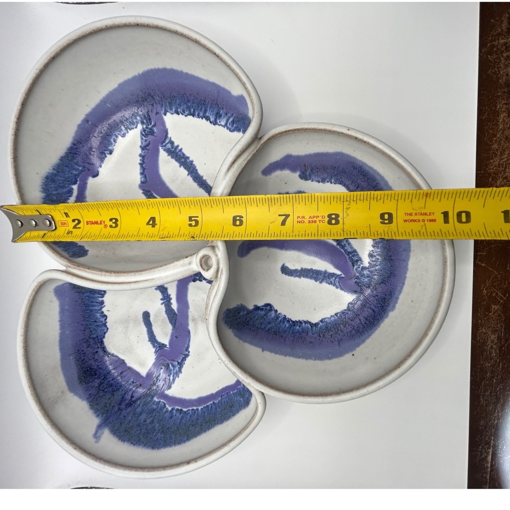 Vintage Handmade Pottery 3-Section Divided Dish Purple Blue Drip Glaze - Picture 8 of 8